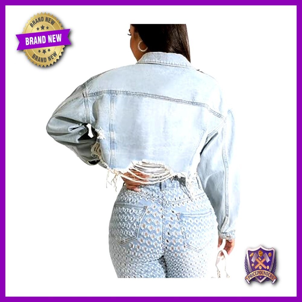 Cropped Denim Jacket Distressed Ripped Vintage Chic Casual Button Up Long Sleeve - Picture 2 of 6
